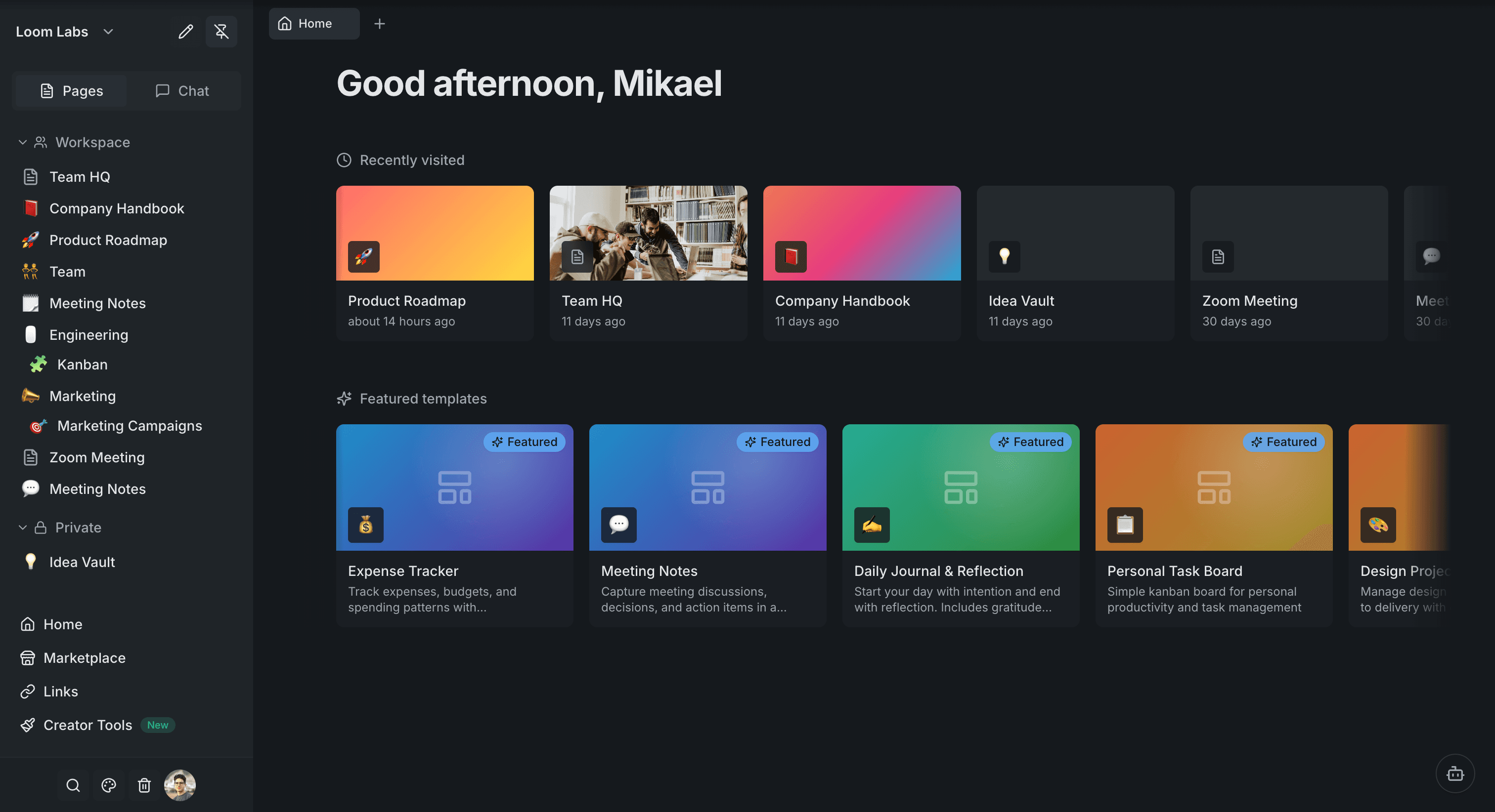 Screenshot: Home dashboard