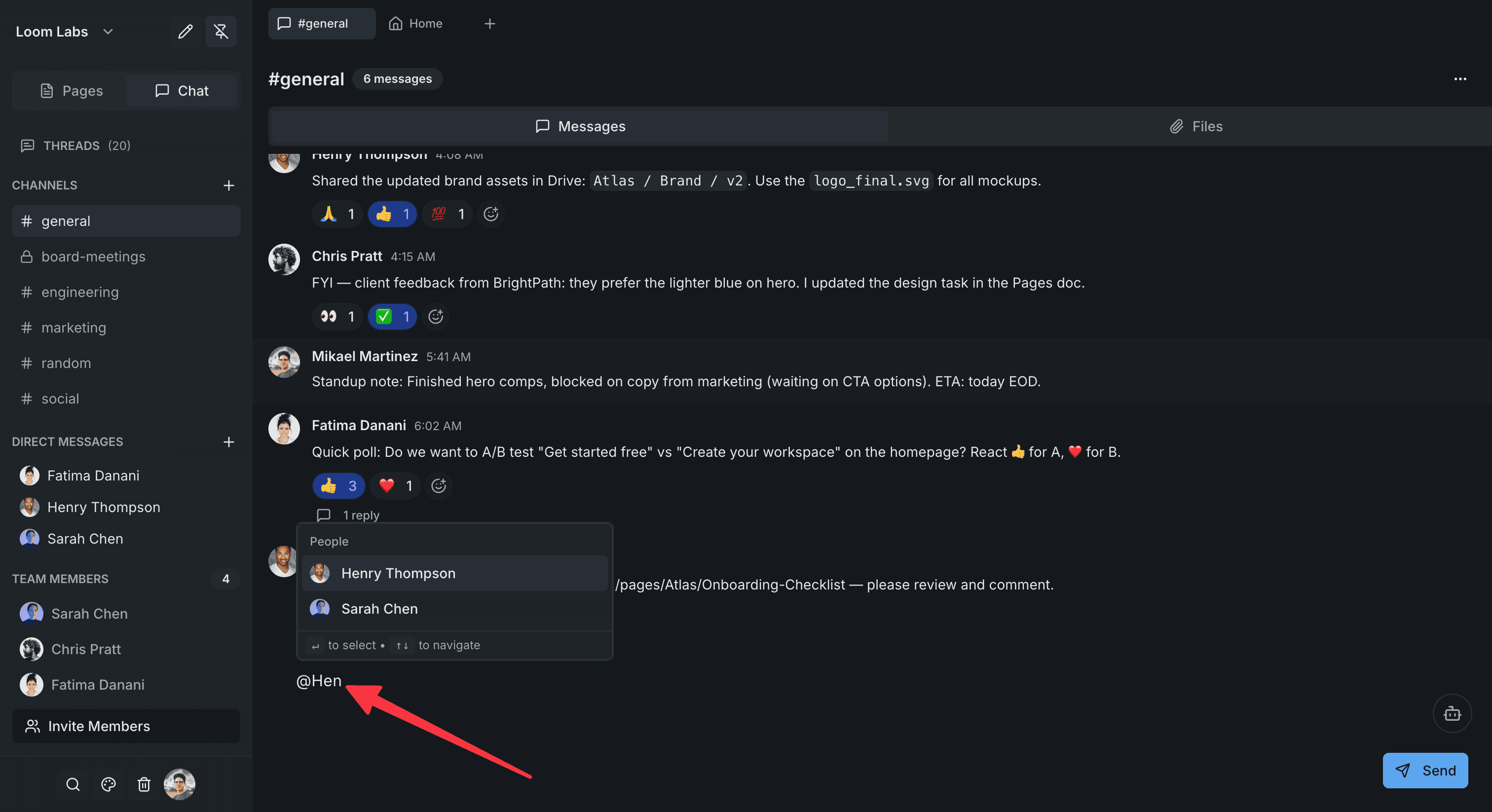 Screenshot: Sending a message with @mention