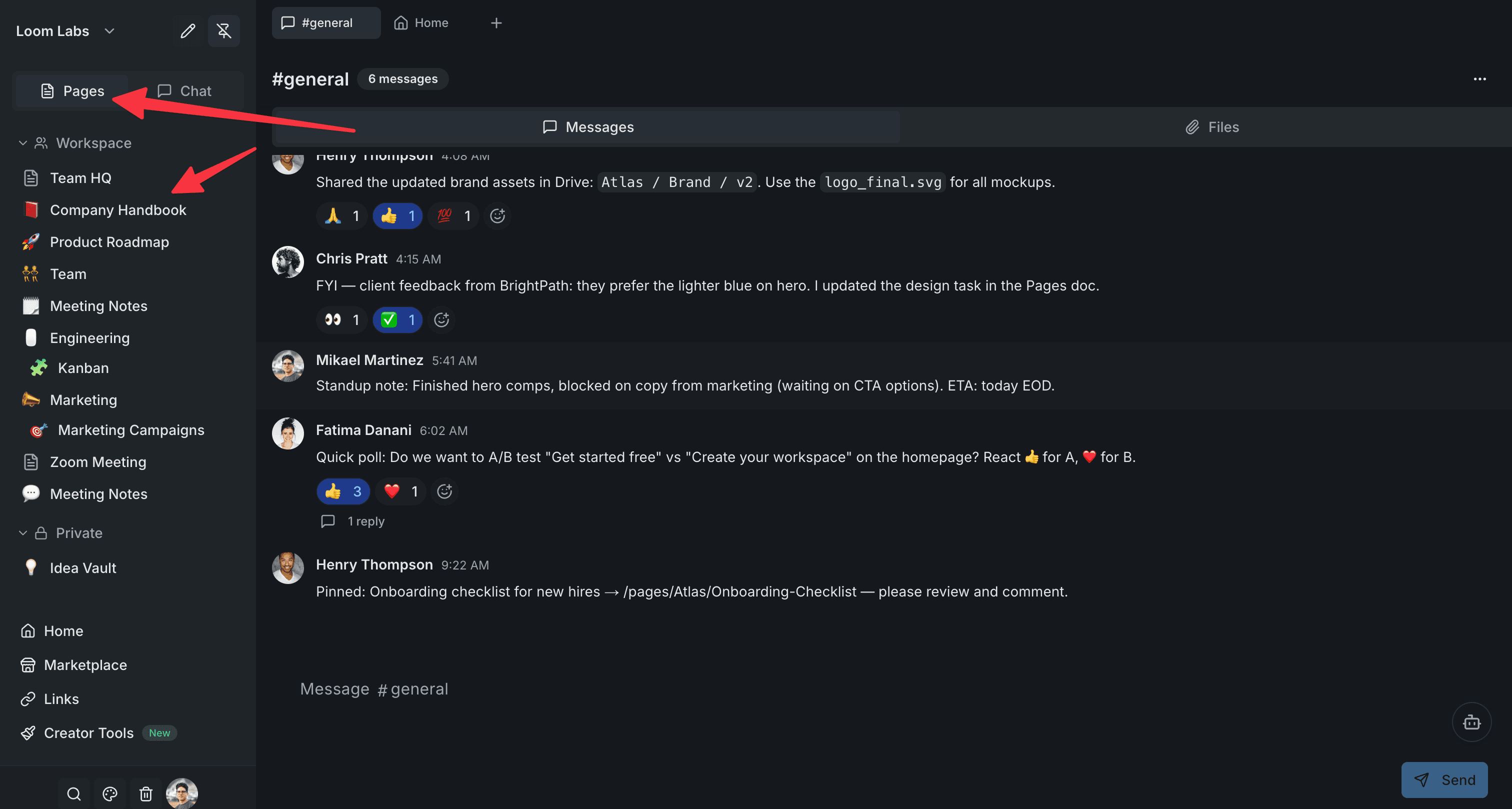 Screenshot: Pages view
