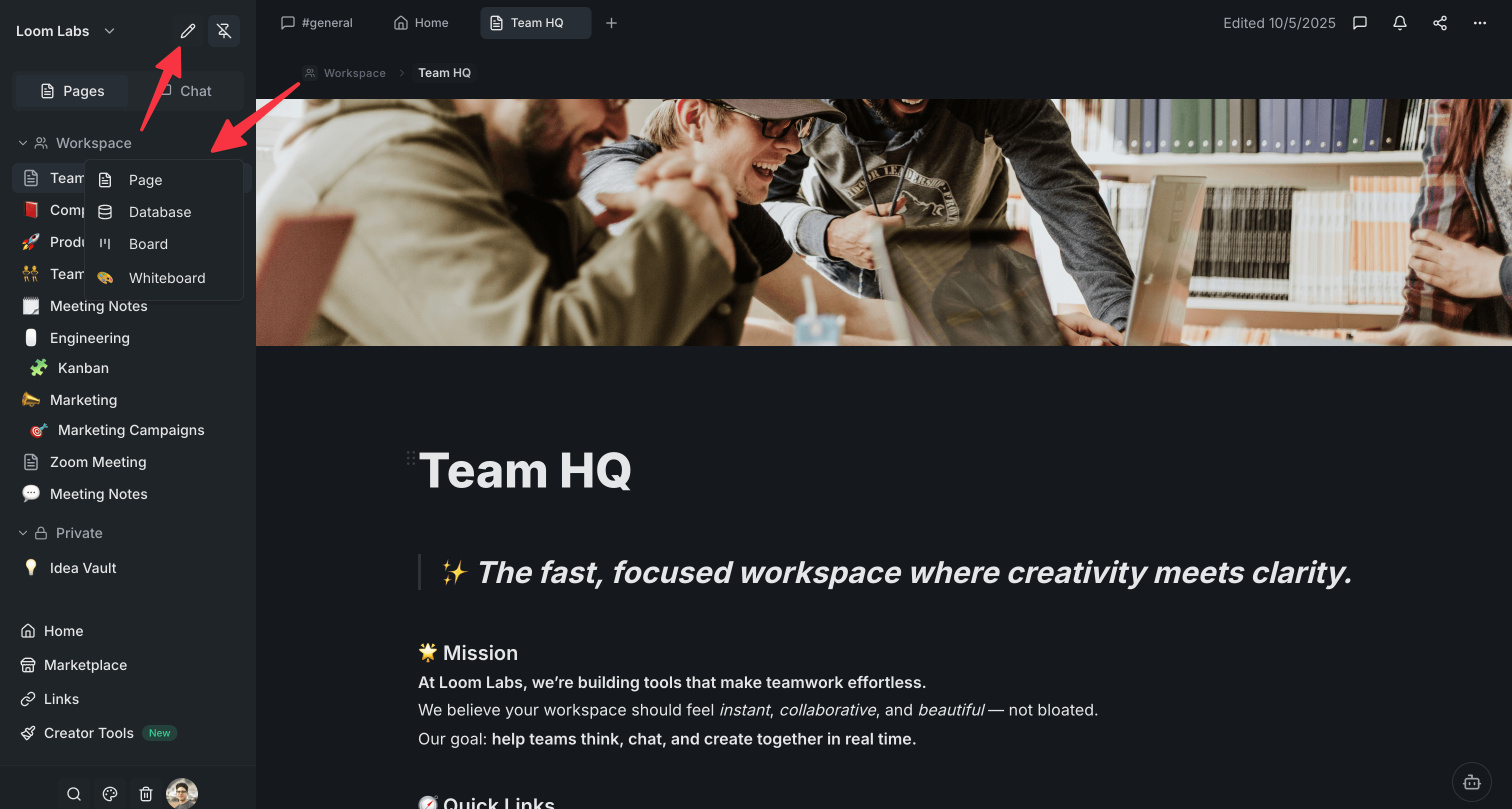 Screenshot: Creating a new page