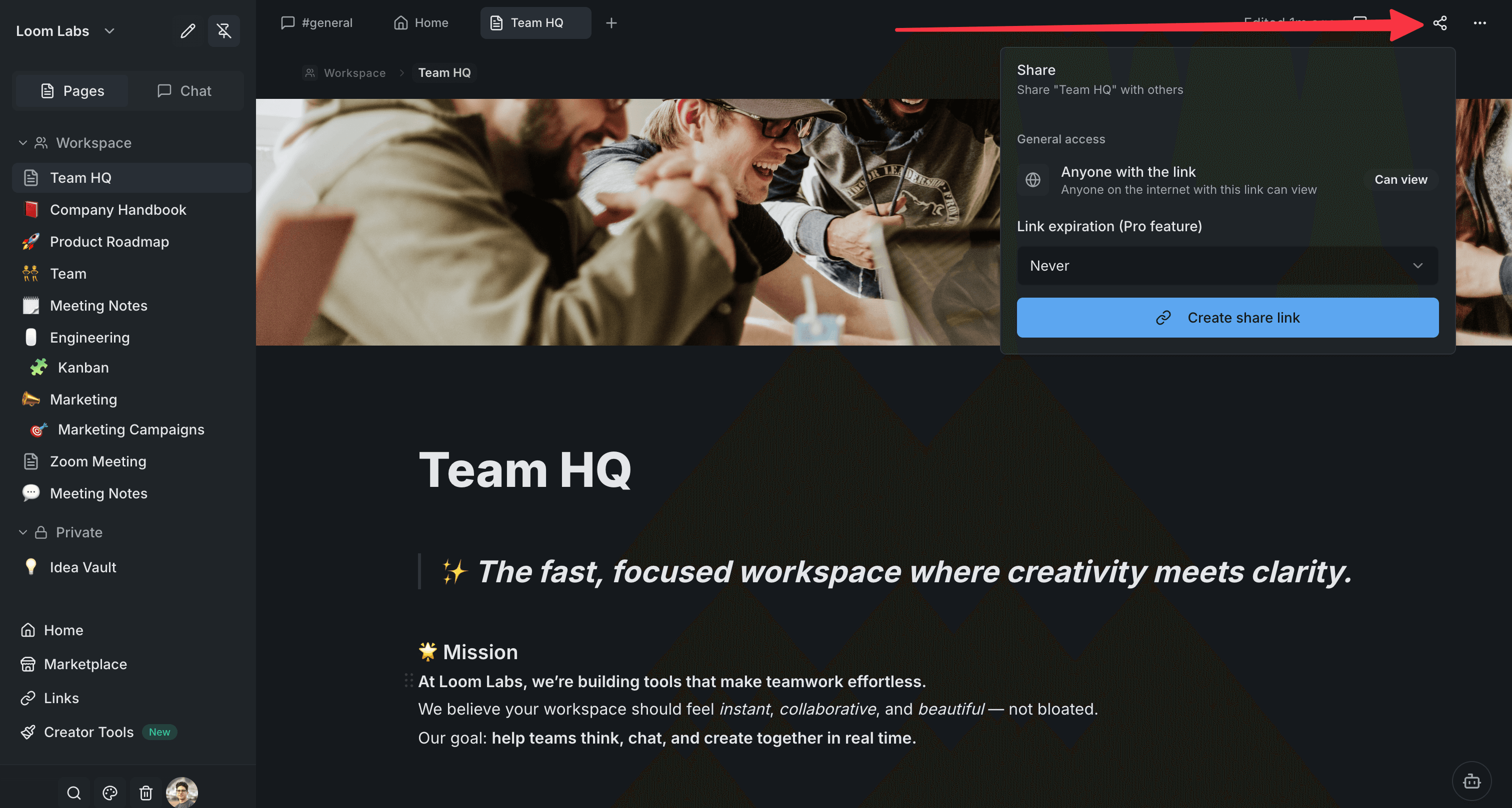 Screenshot: Sharing a page