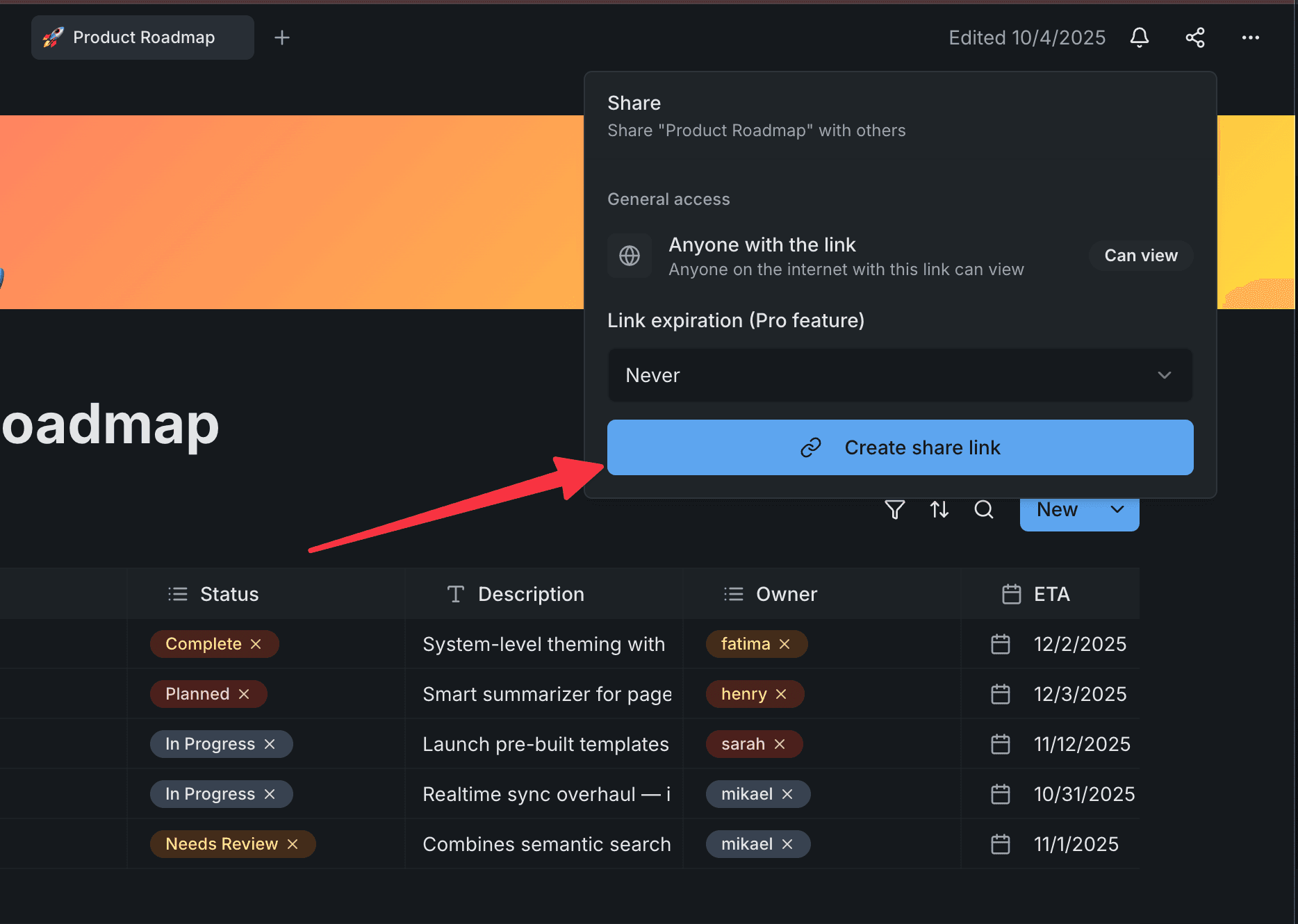 Screenshot: Create share link form