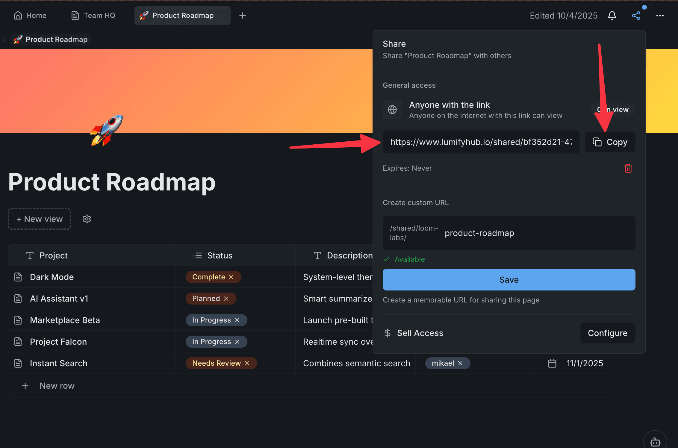 Screenshot: Share link with copy button