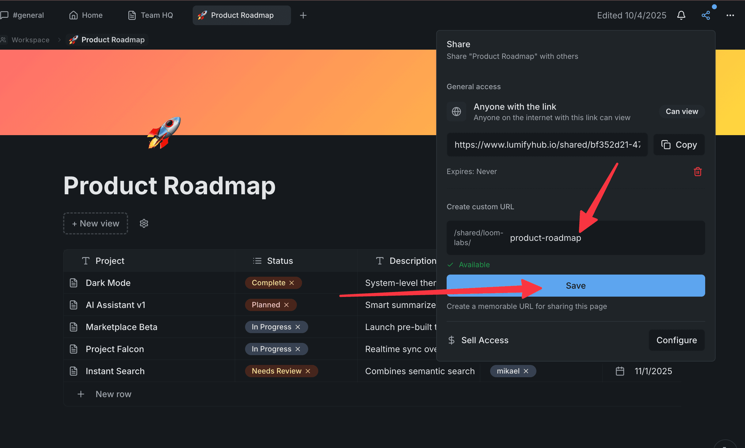 Screenshot: Custom URL slug settings