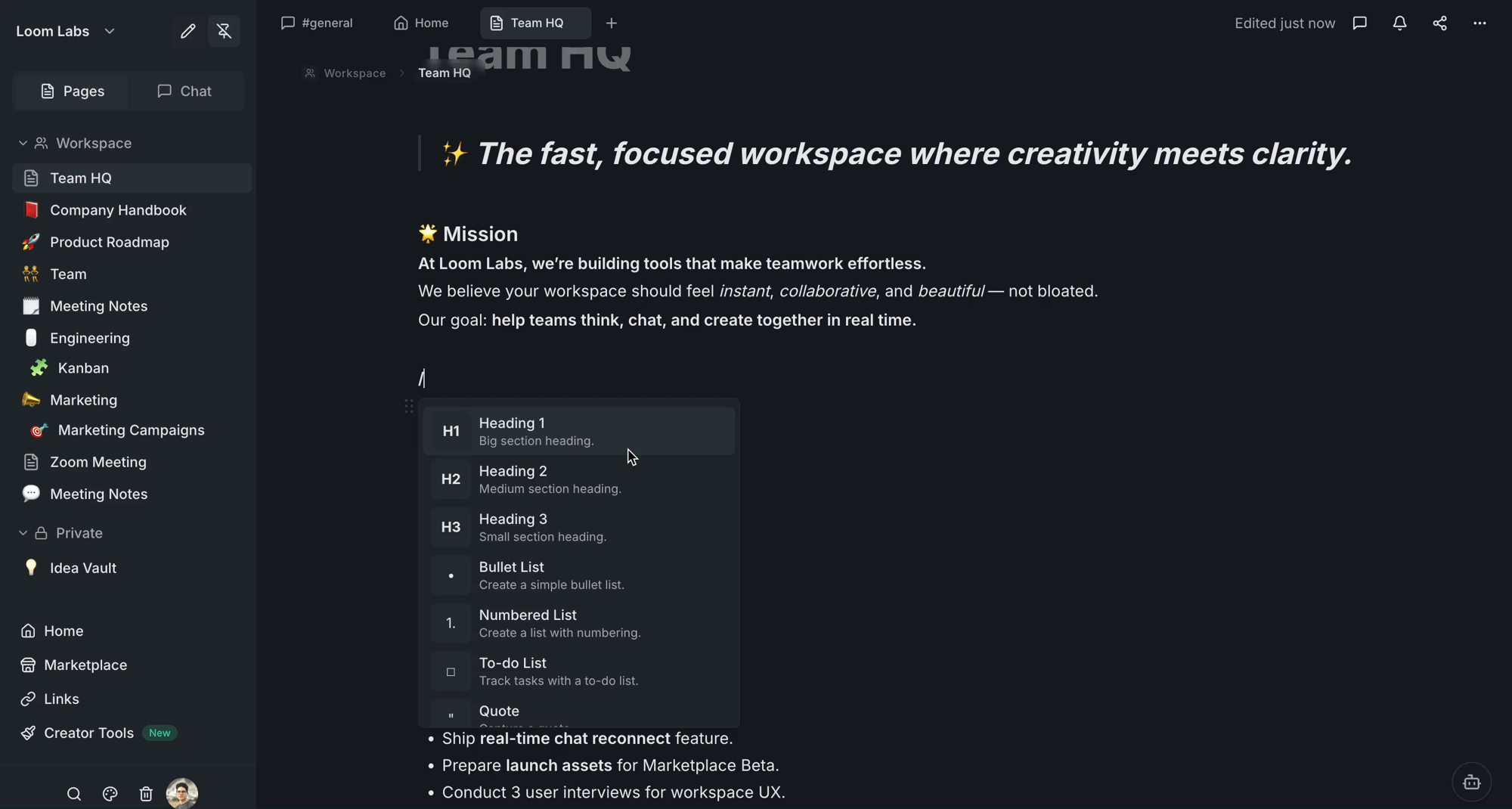Screenshot: Slash command menu